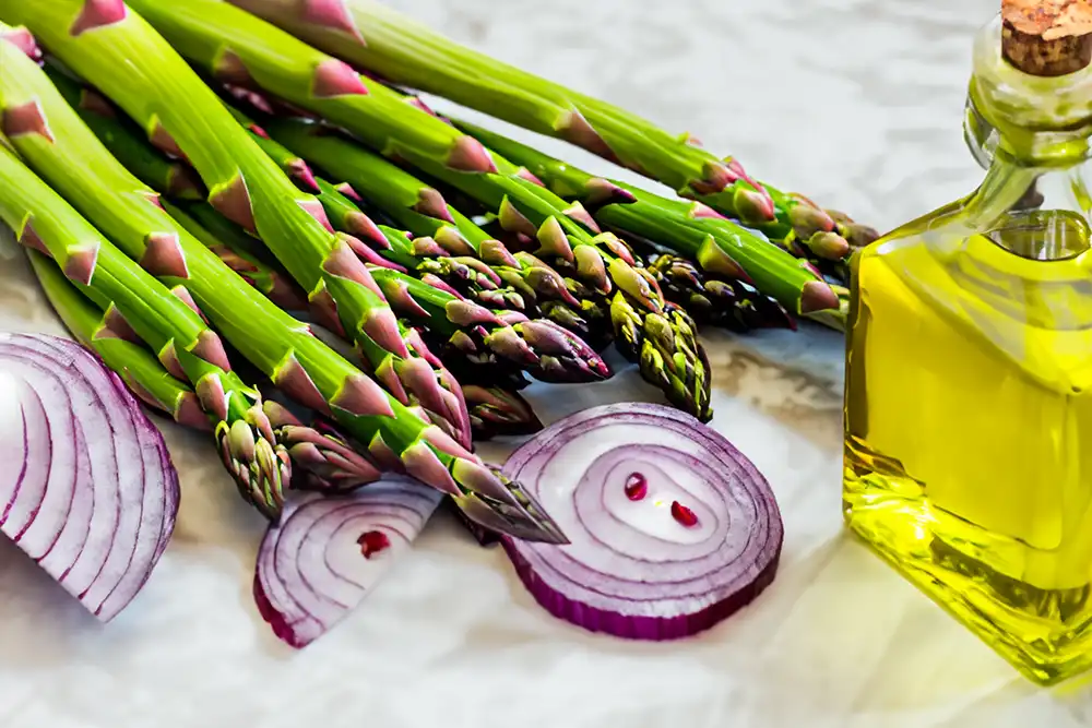 Asparagus with Roasted Garlic Olive Oil and Red Onions